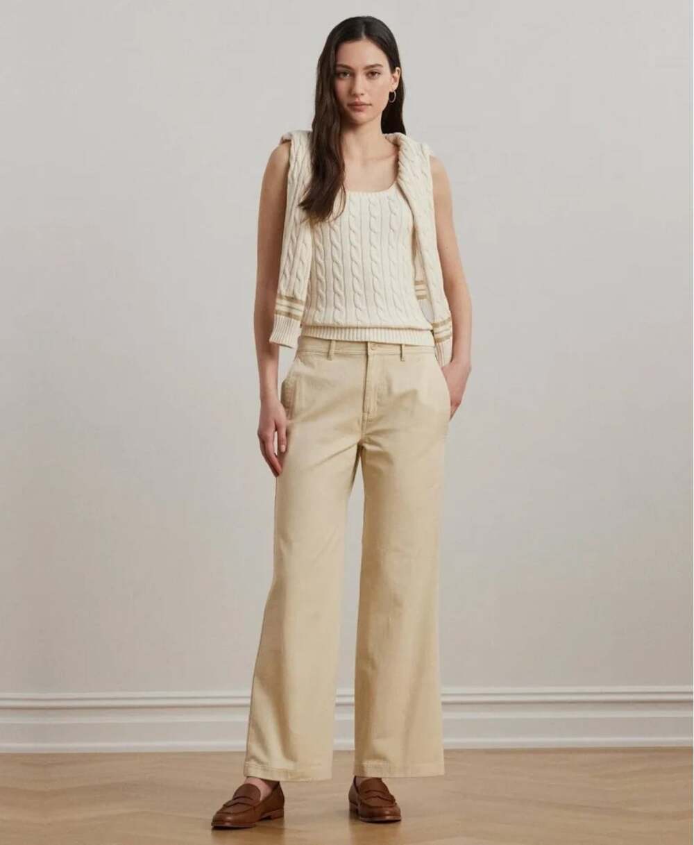 Lauren Ralph Lauren Tan Cotton Twill High Rise Wide Leg Pants Size 6 NWT